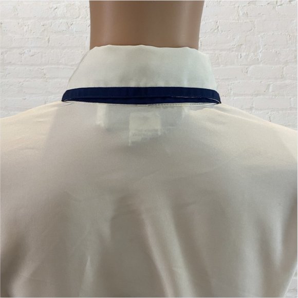 VINTAGE MICHELLE STUART -- Cream Blouse with Navy Trim/Navy Buttons/Navy Tie - Picture 10 of 16